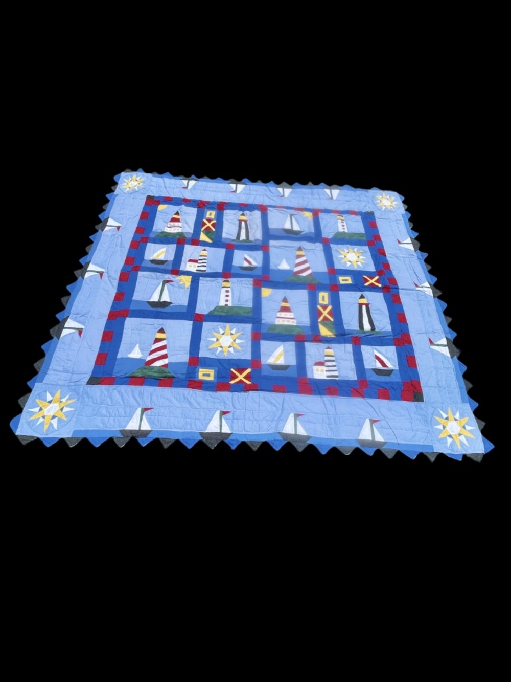 Vintage Feed Sack Hand Stitched Beautiful Light House Pattern Quilt 89 x 96 Inch